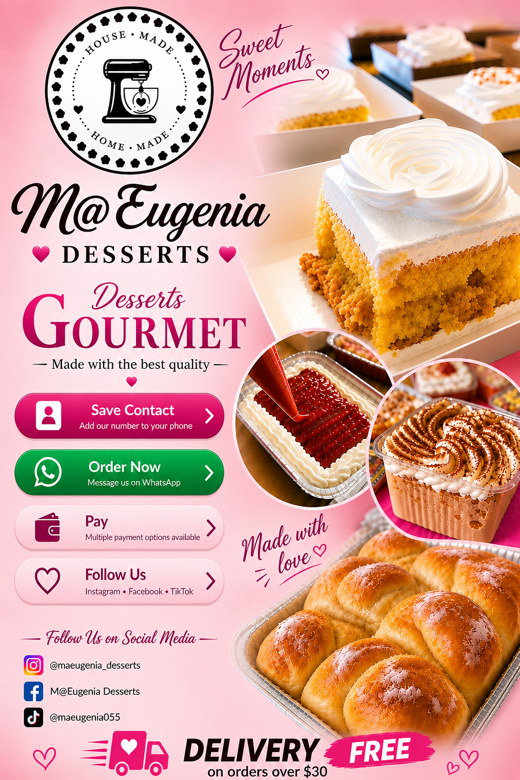 M@Eugenia Desserts gourmet dessert flyer with contact, ordering, payment and social media options